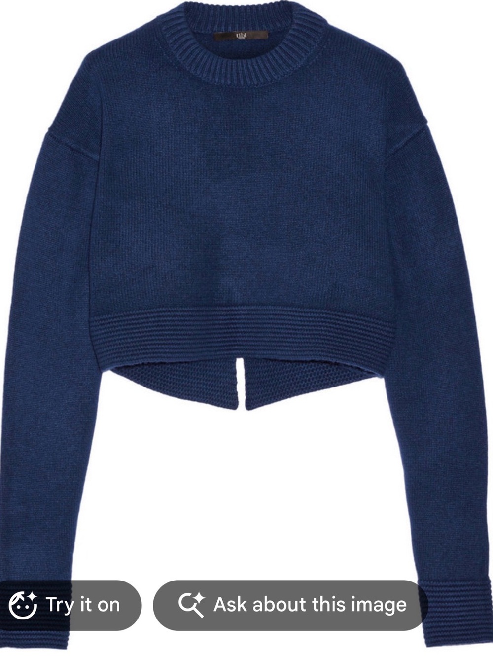 Tibi 100% Cashmere Cropped Sweater Shrunken Split Cutout Back Blue SZ M/L